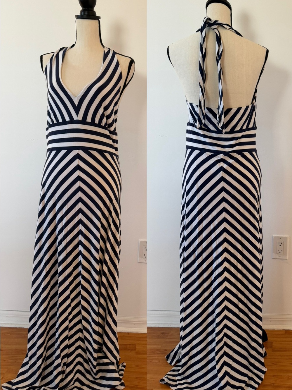 Banana Republic Navy and White Striped Halter Maxi Dress